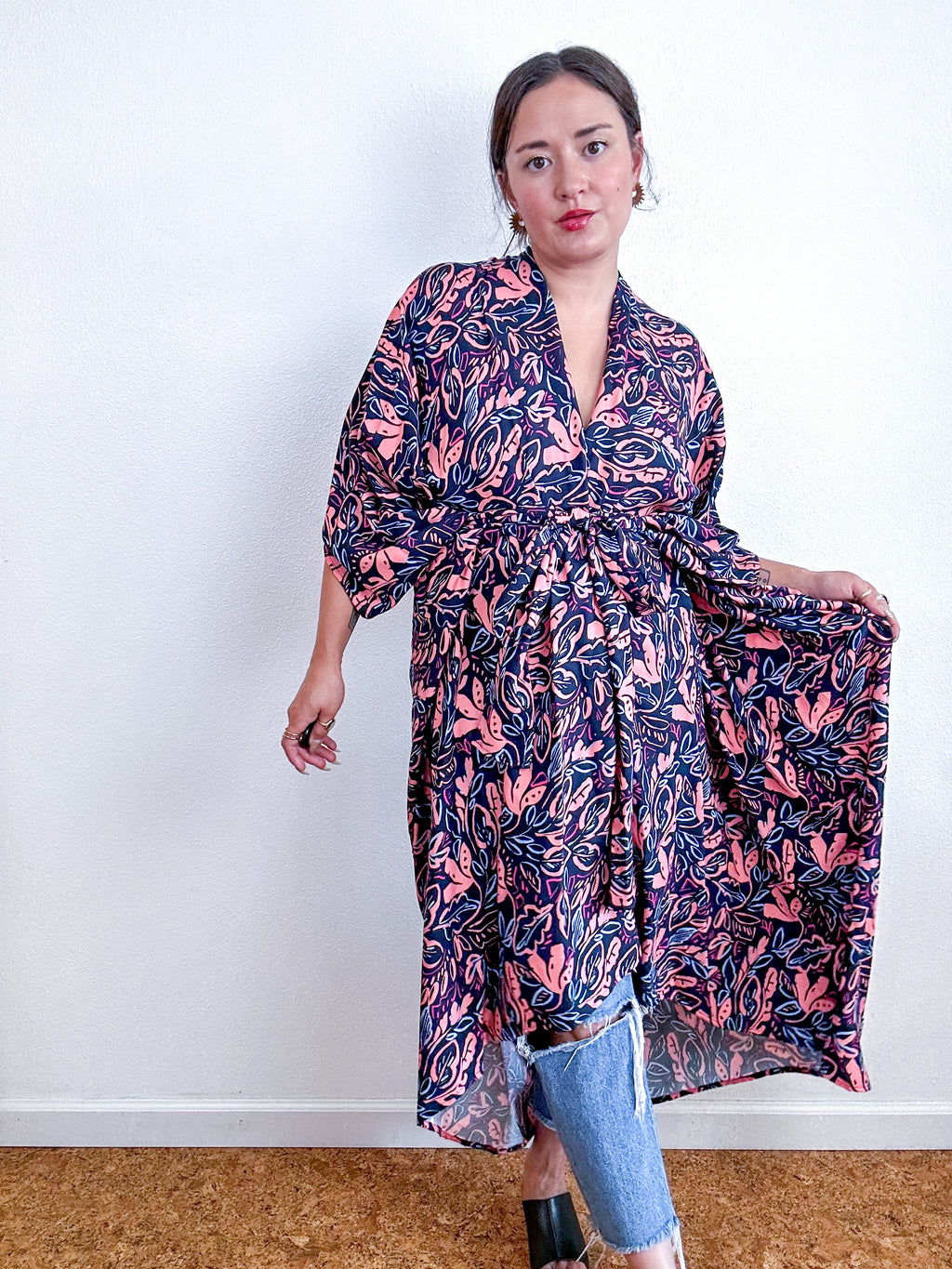 Print High Low Kimono Navy Coral Leaves Challis