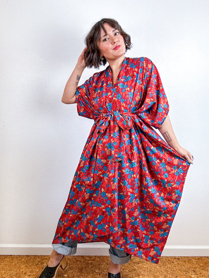 Print High Low Kimono Red Mini Floral Crepe de Chine