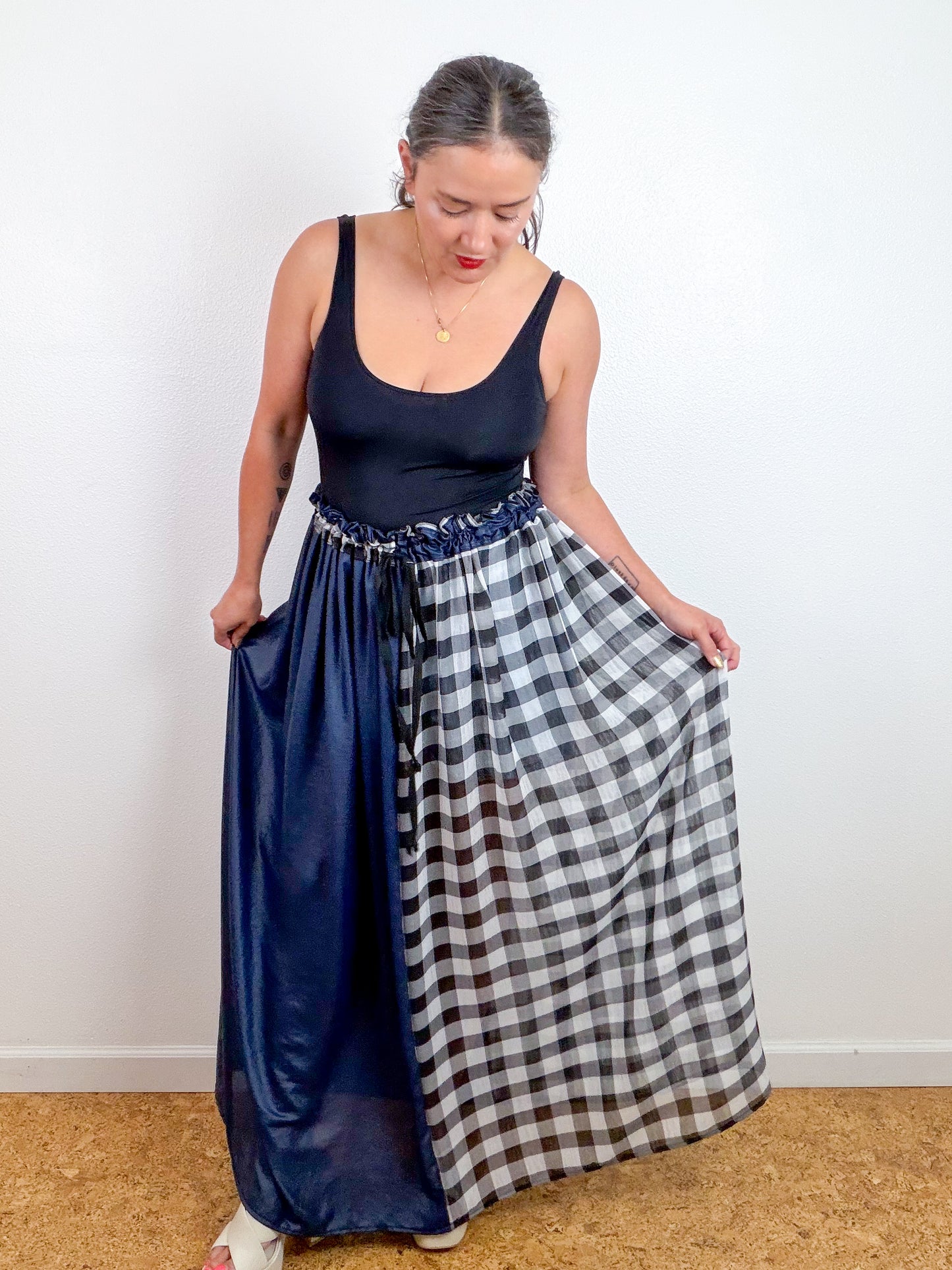 THE SKIRT Black Grey Gingham Metallic Navy Reversible Chiffon