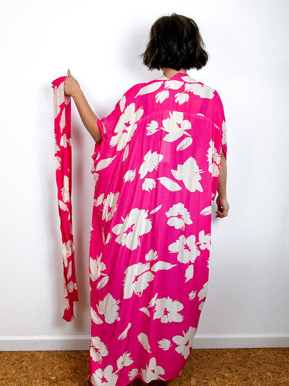 Print High Low Kimono Hot Pink Floral Crinkle Challis