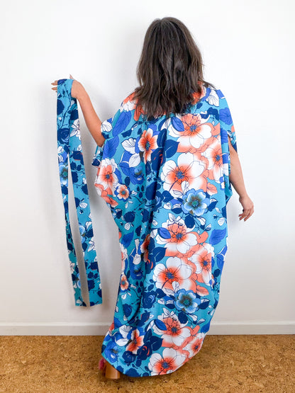 Print High Low Kimono Blue Peach Floral Bubble Crepe