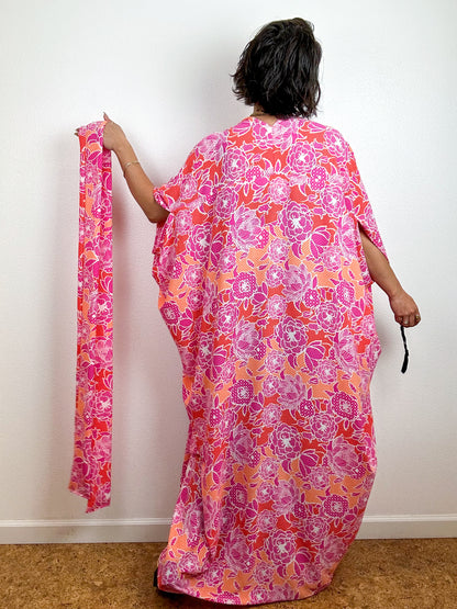 High Low Kimono Pink Orange Floral Dots Bubble Crepe