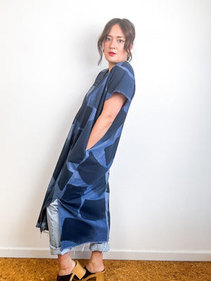 Hand-Dyed Denim Midi Smock Dress Two Tone Brushstrokes