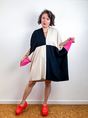 Oversized Color Block Linen Blend Smock Dress Black Ivory