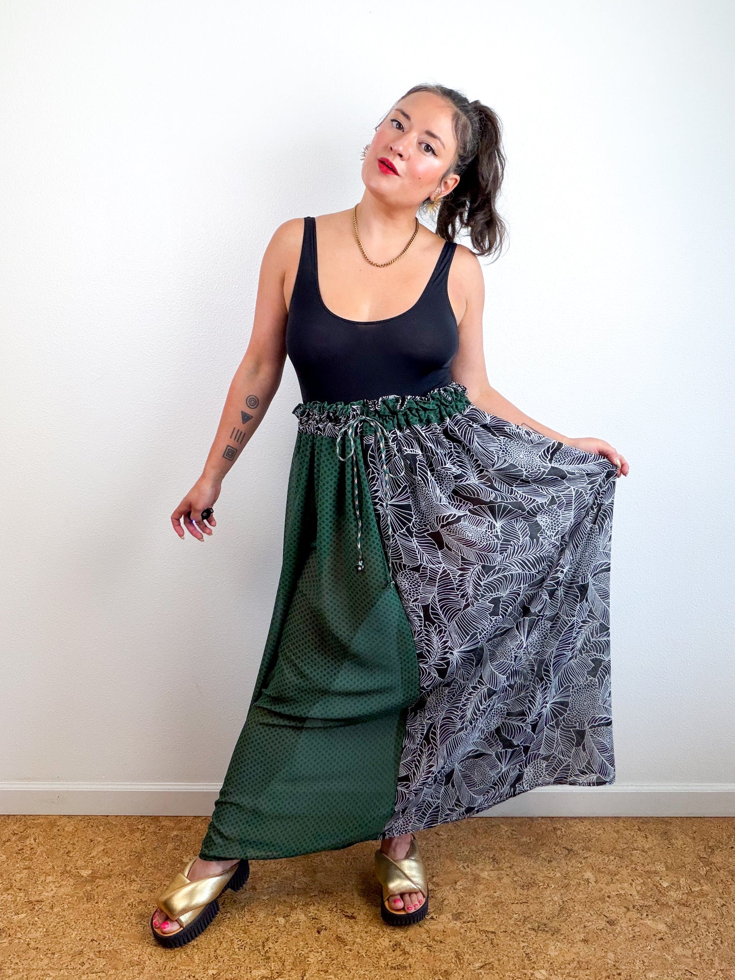 THE SKIRT Black Floral Forest Diamond Reversible Chiffon