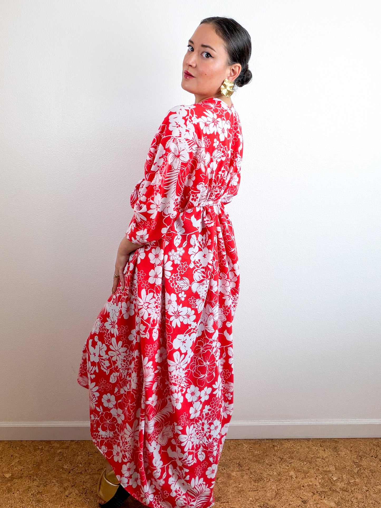 Print High Low Kimono Red White Floral Bubble Crepe