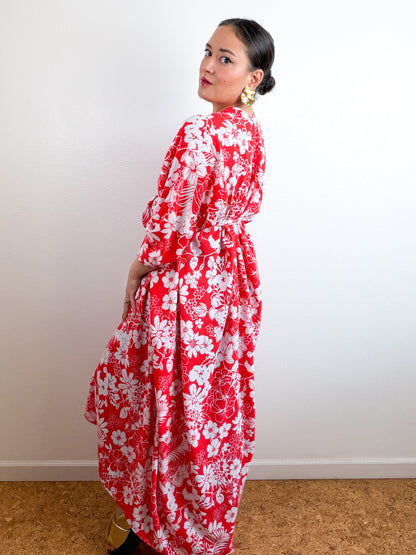 Print High Low Kimono Red White Floral Bubble Crepe