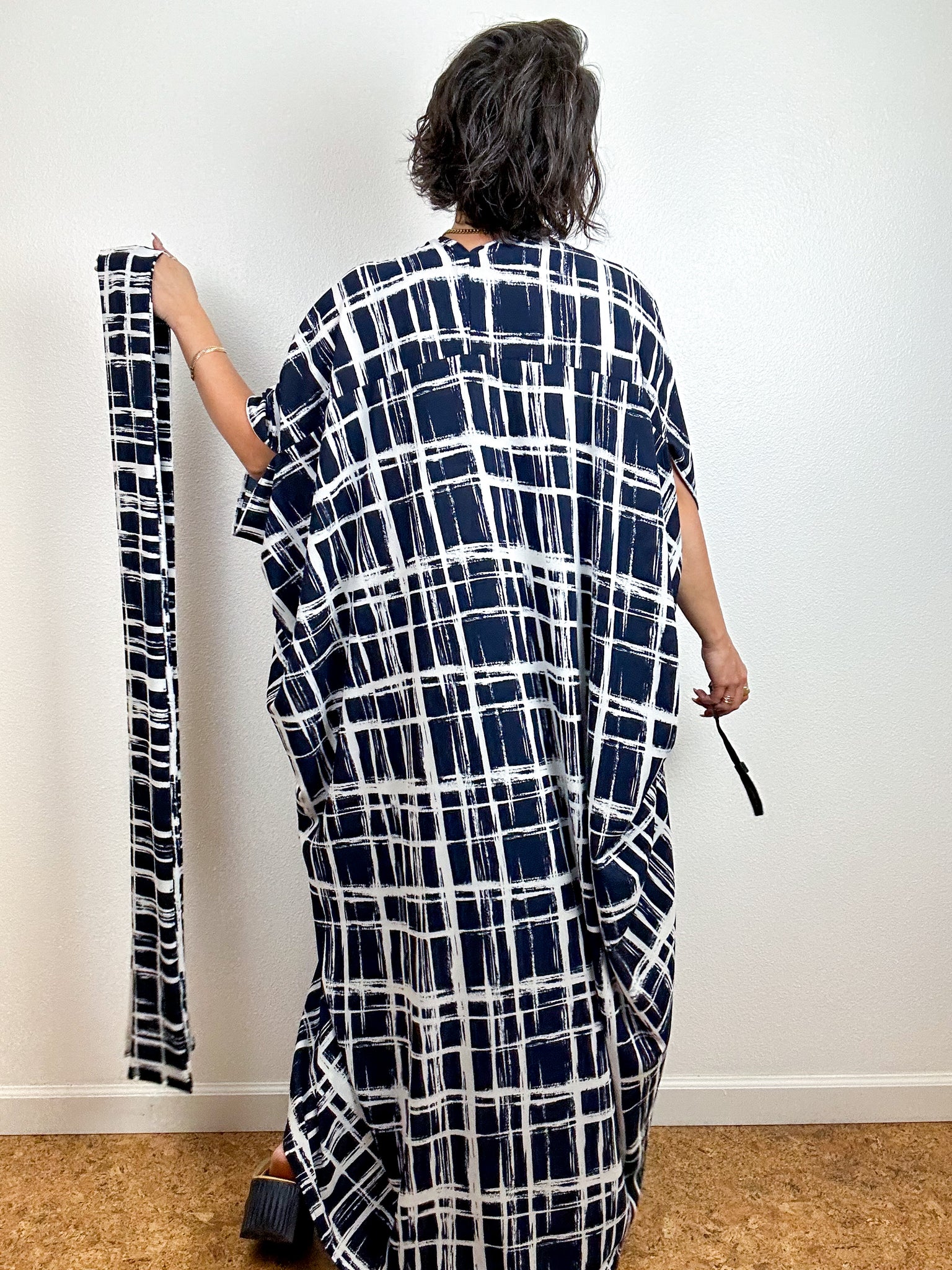 High Low Kimono Navy Grid Bubble Crepe