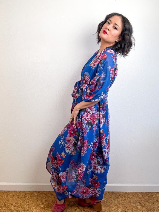 Print High Low Kimono Bright Blue Floral Chiffon