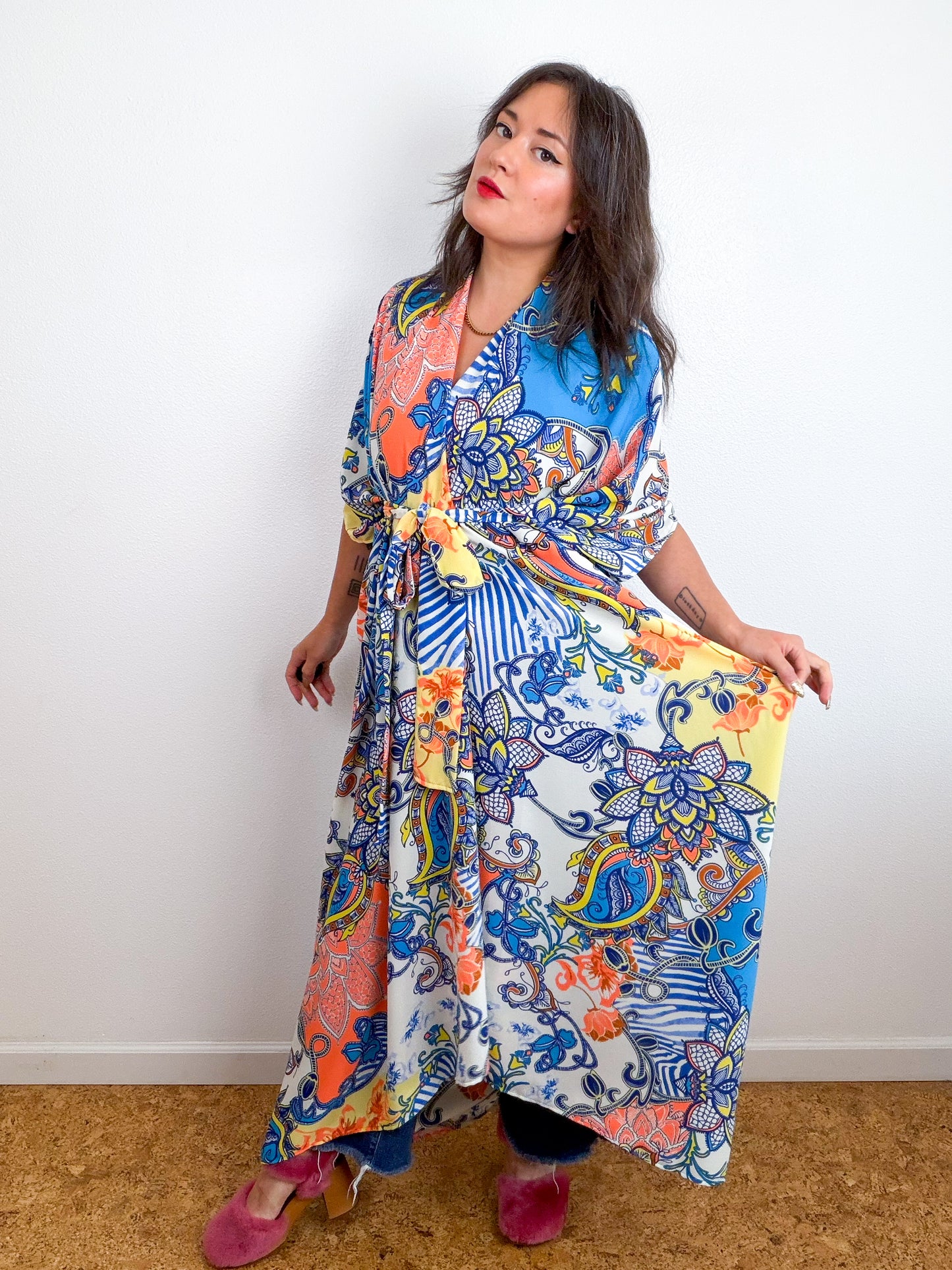 Print High Low Kimono Orange Turquoise Paisley Bubble Crepe
