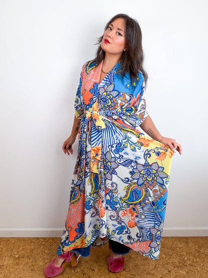 Print High Low Kimono Orange Turquoise Paisley Bubble Crepe