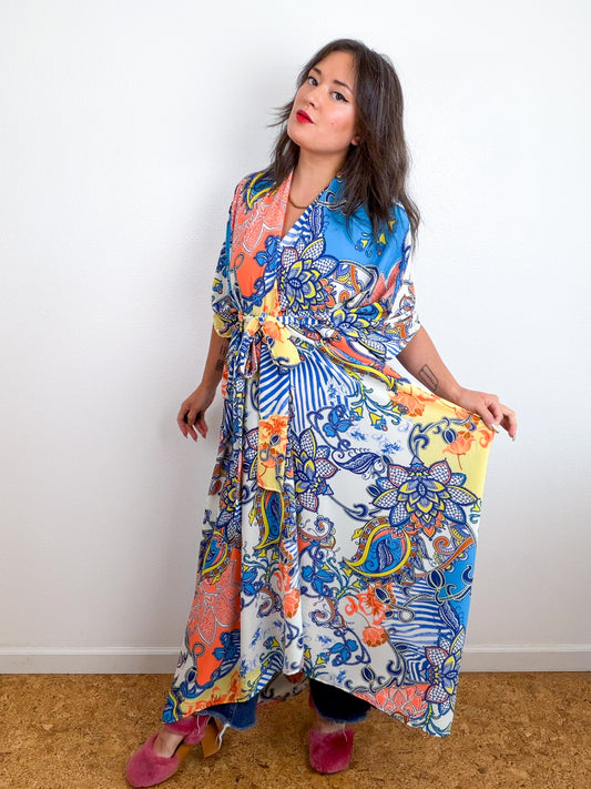 Print High Low Kimono Orange Turquoise Paisley Bubble Crepe