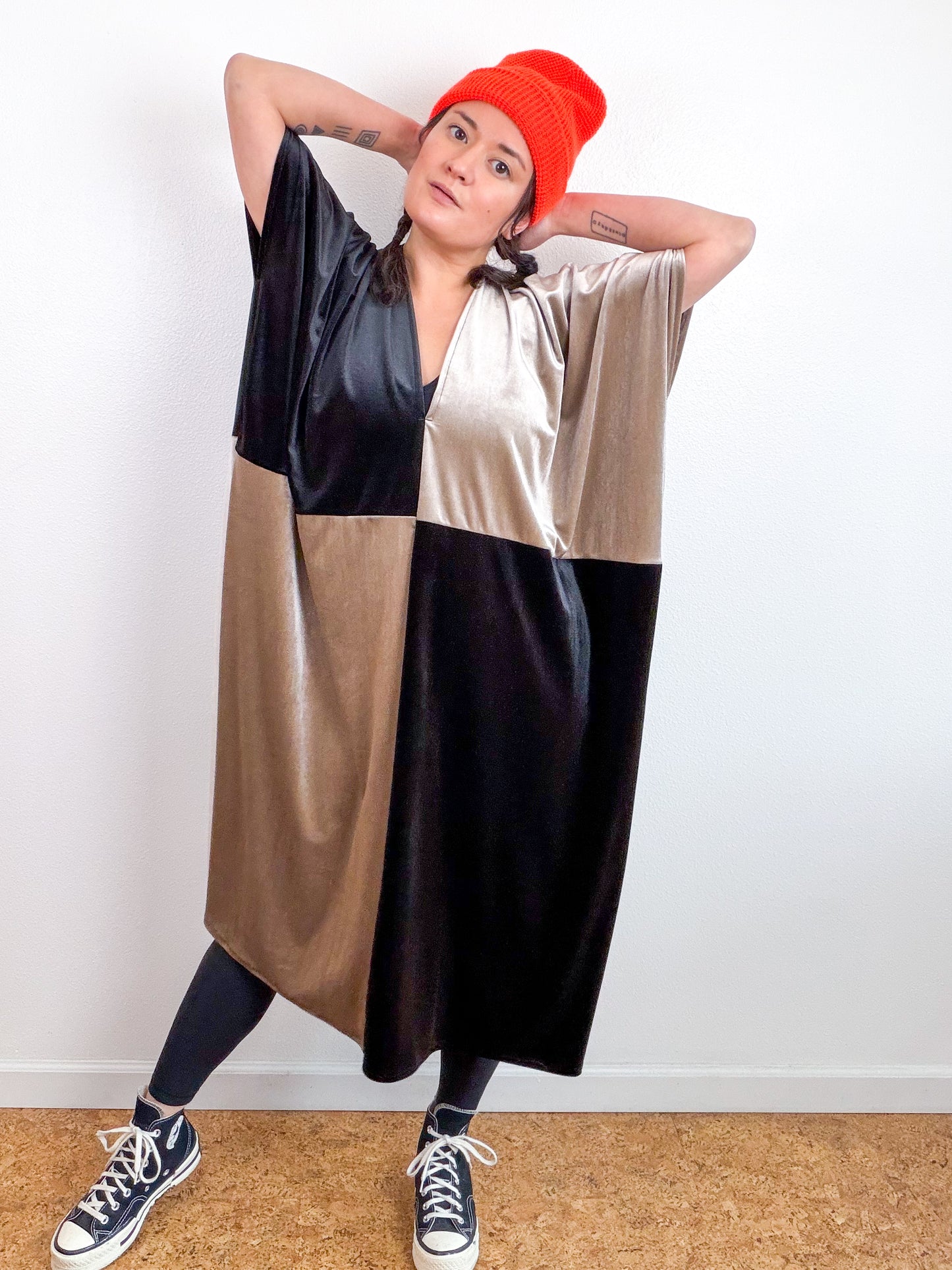 Velvet Caftan Dress Black Silver Color Block
