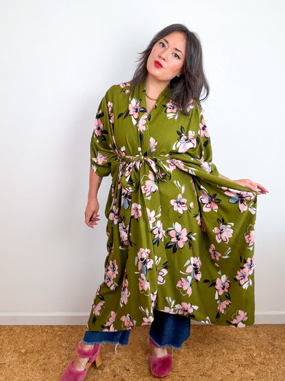 Print High Low Kimono Olive Floral Challis