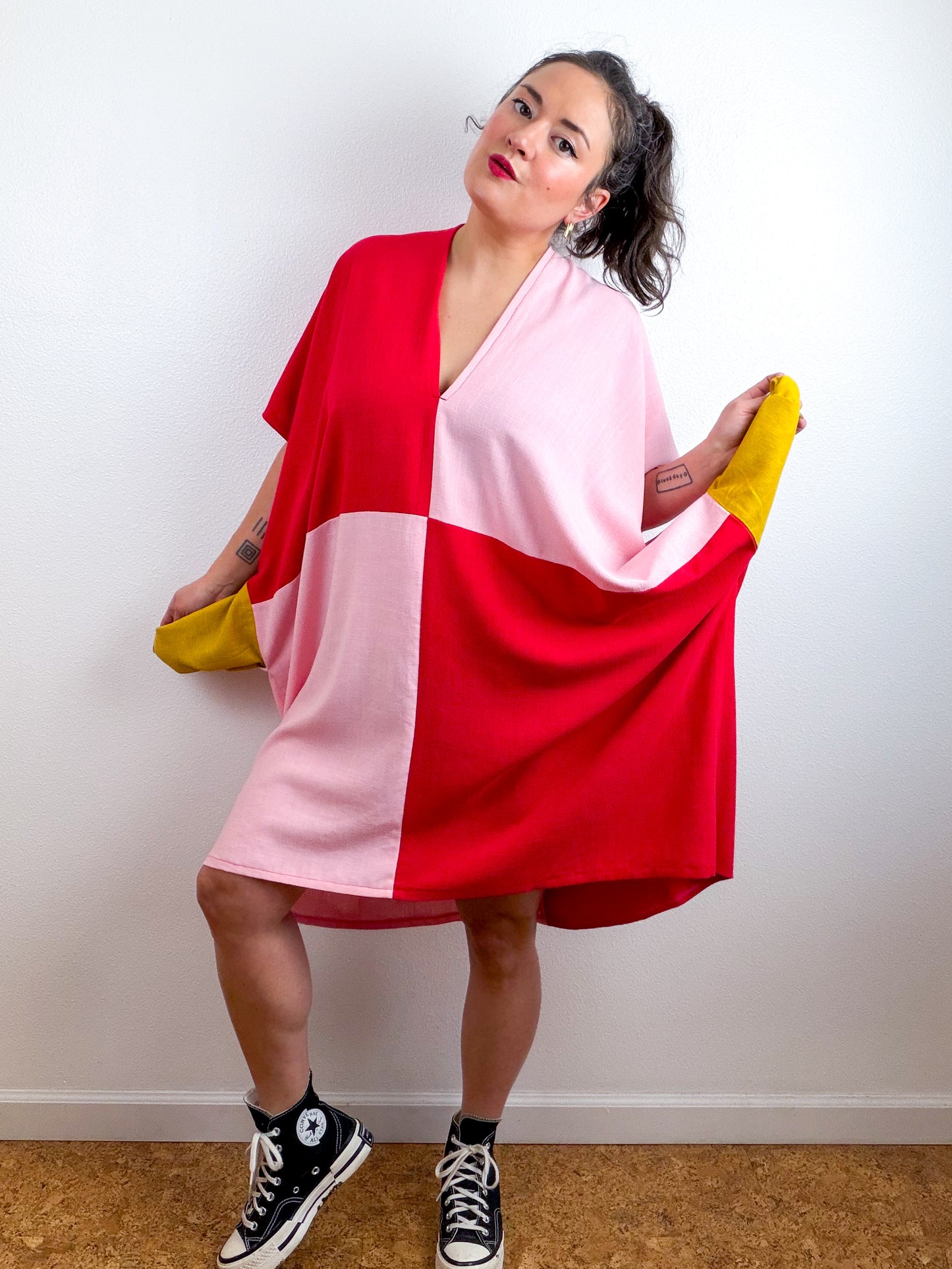 Linen Blend Caftan Dress Pink Red Color Block