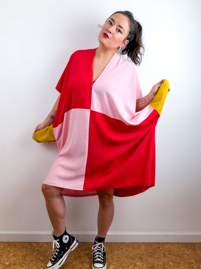 Linen Blend Caftan Dress Pink Red Color Block