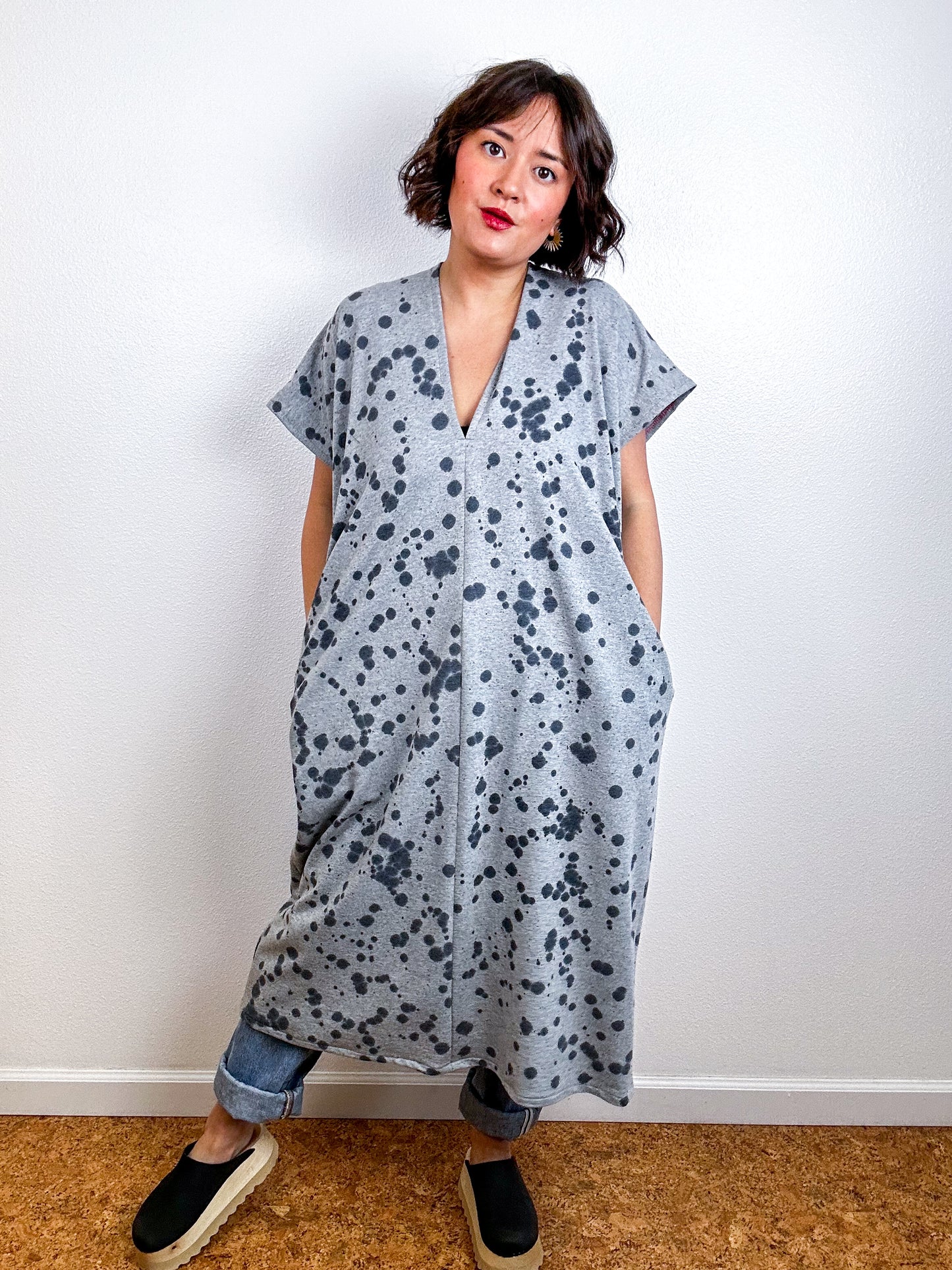 Hand-Dyed Midi Sweatshirt Smock Dress Grey Speckle