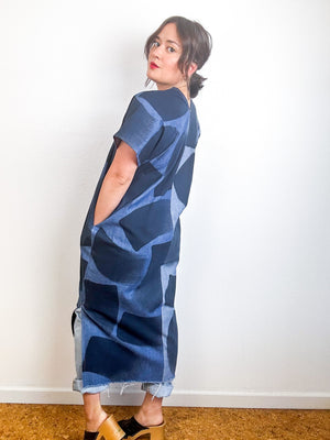 Hand-Dyed Denim Midi Smock Dress Two Tone Brushstrokes