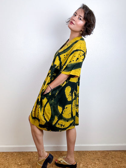 Oversized Hand-Dyed Linen Blend Smock Dress Brass Sumi