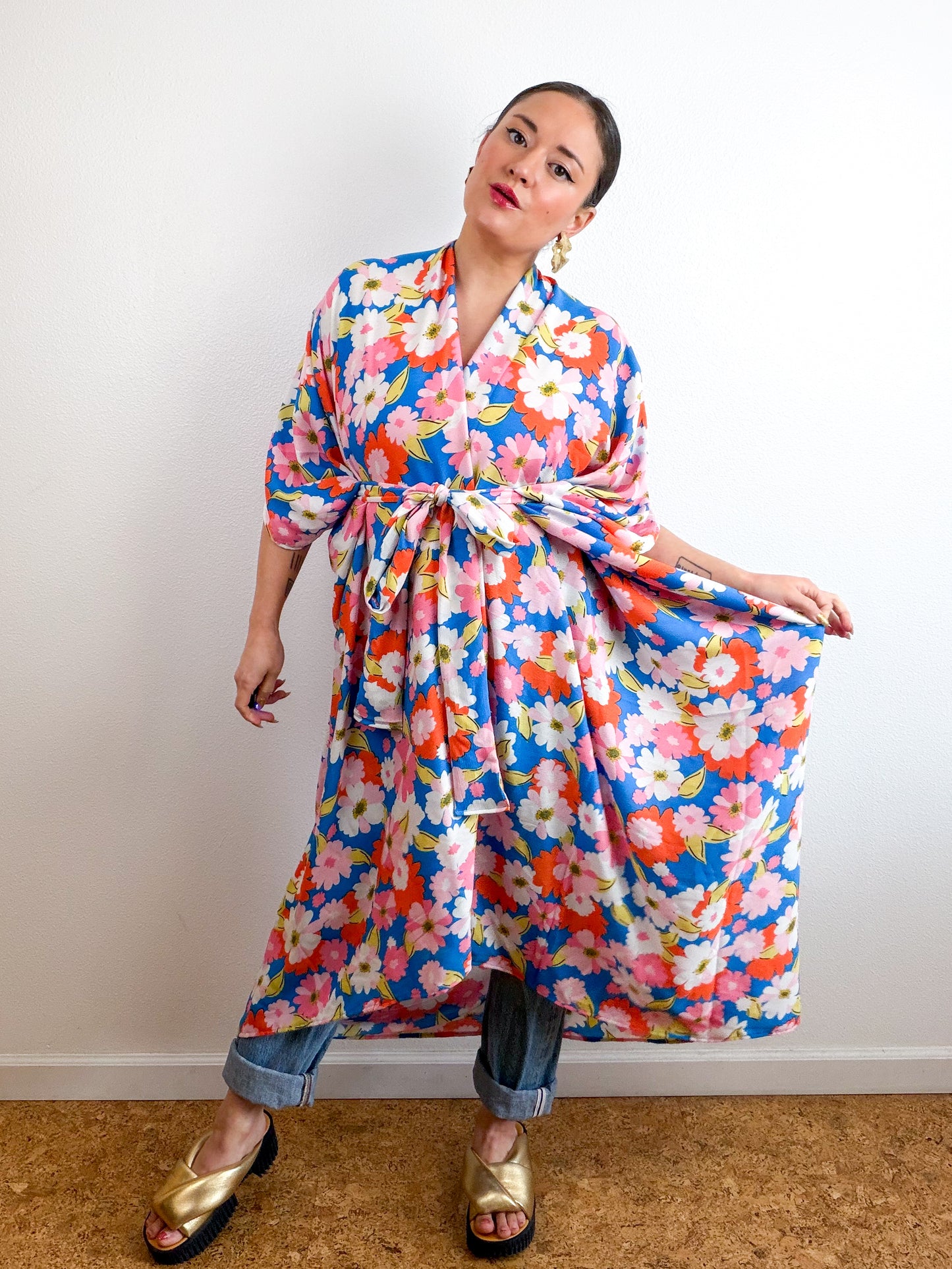 Print High Low Kimono Turquoise Orange Crinkle Challis