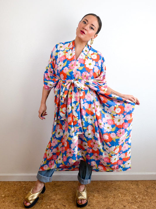 Print High Low Kimono Turquoise Orange Crinkle Challis