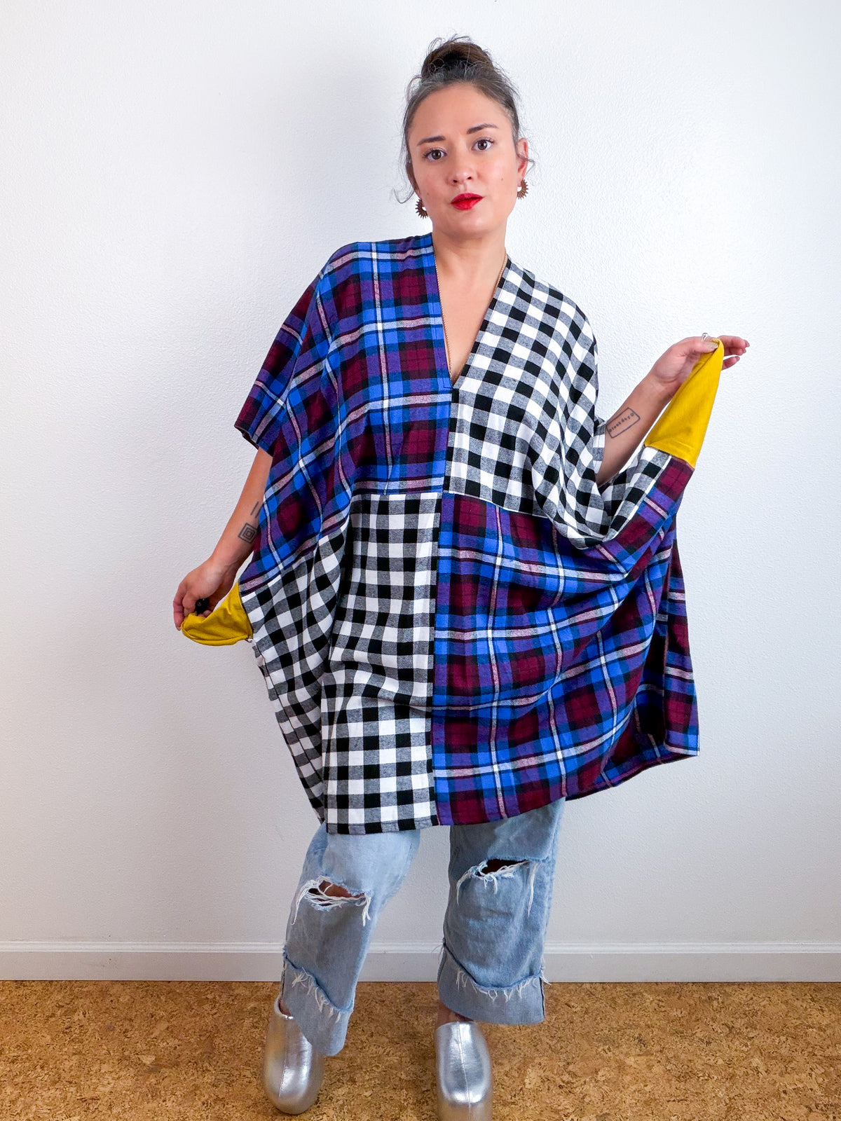 Plaid Flannel Caftan Dress Black White Jewel