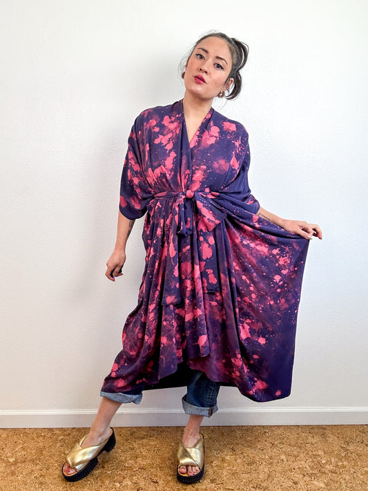 Bleached High Low Kimono Navy Peach Speckle