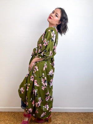 Print High Low Kimono Olive Pink Floral Challis