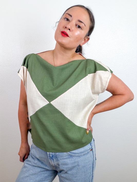 Linen Blend Flip Crop Olive Ivory