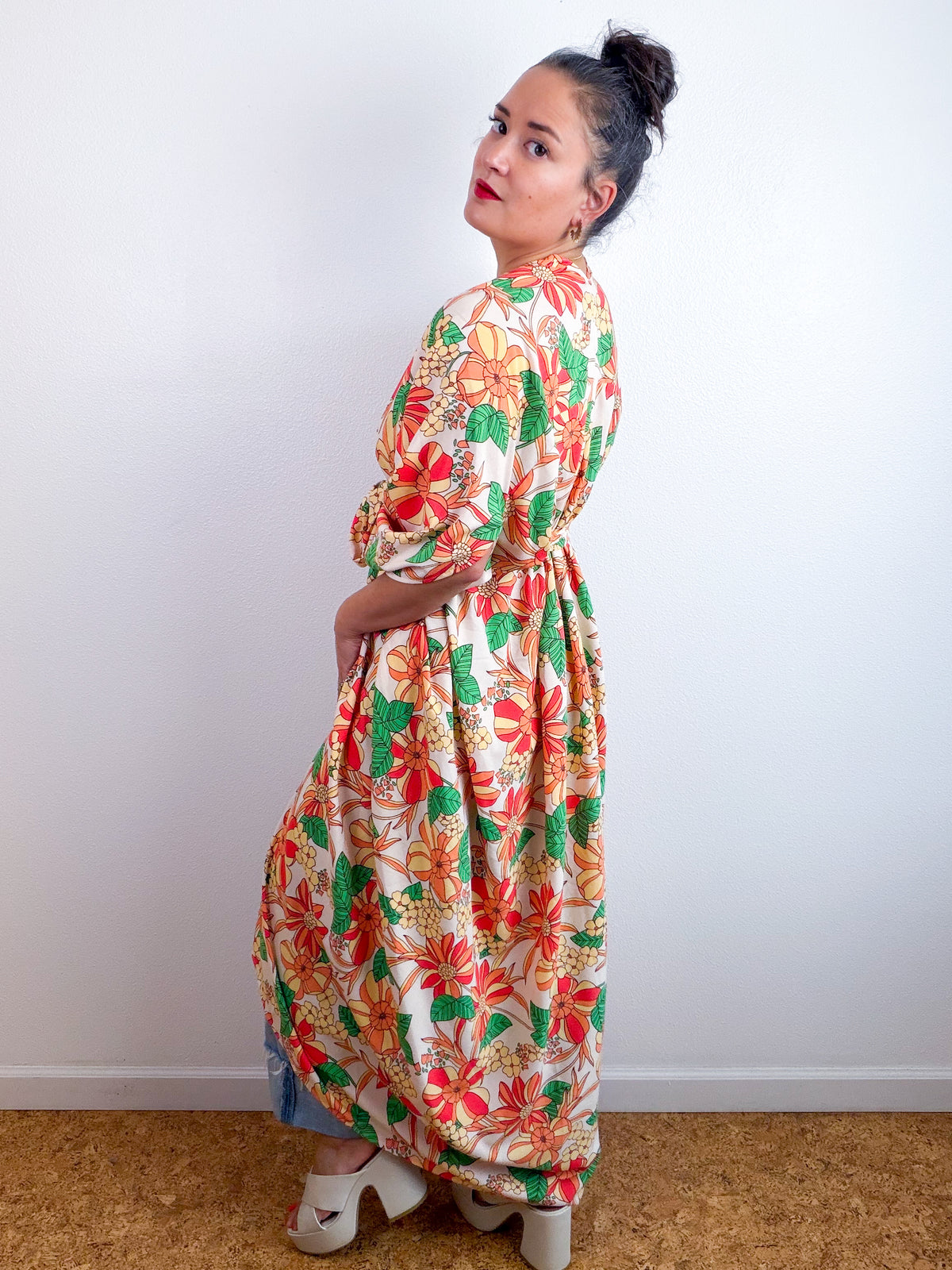 Print High Low Kimono Peach Floral Challis