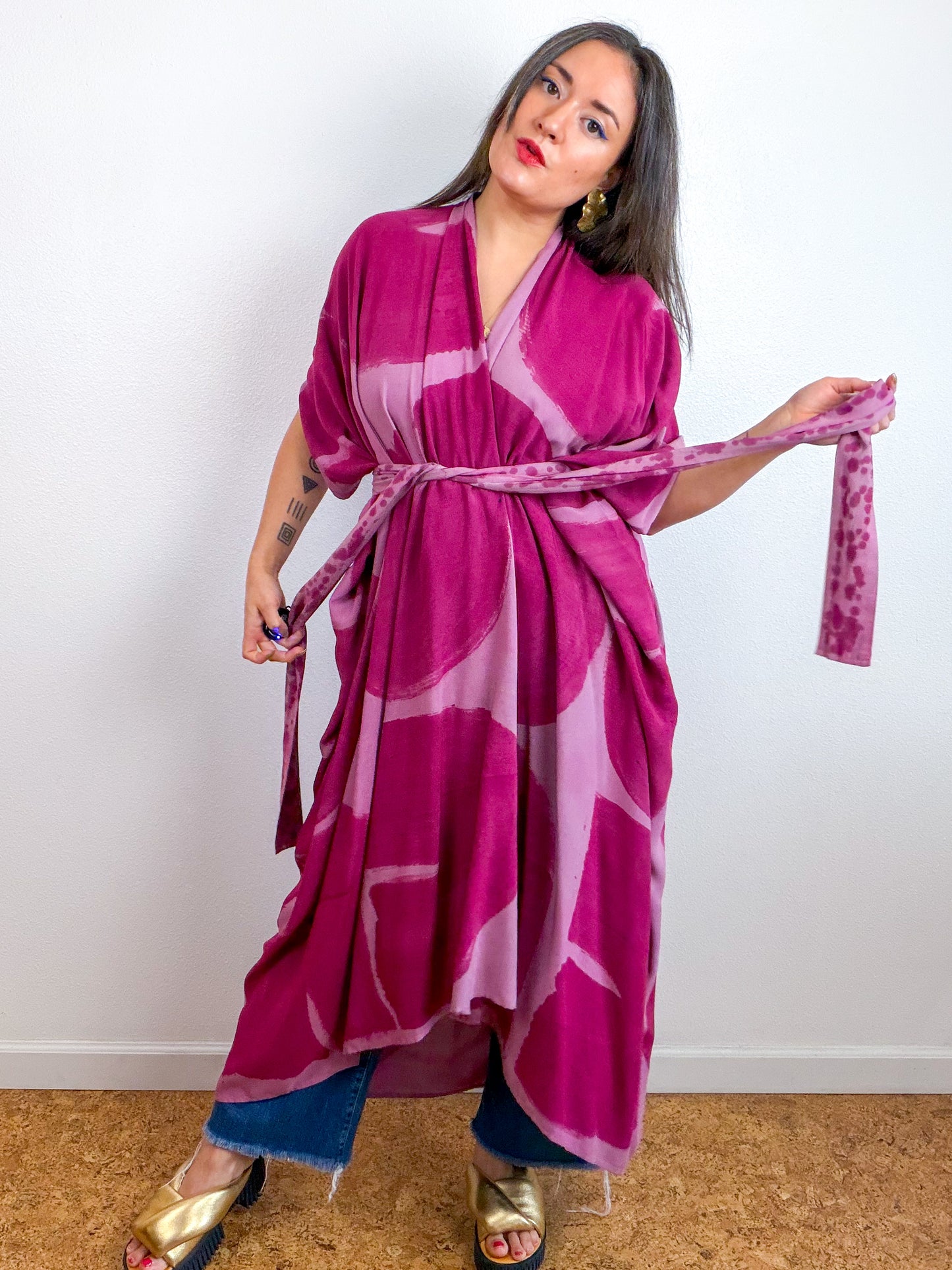 Hand-Dyed High Low Kimono Rosie Magenta Arc