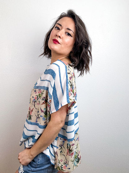 Scrappy Crop Blue Stripe Ivory Mini Floral