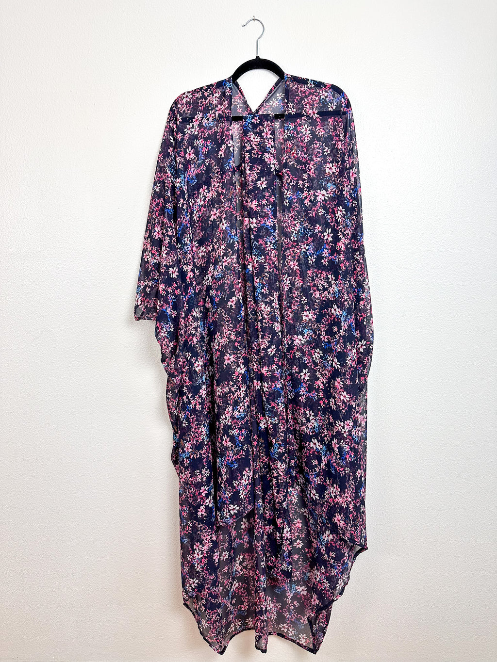 Print High Low Kimono Navy Pink Floral Chiffon