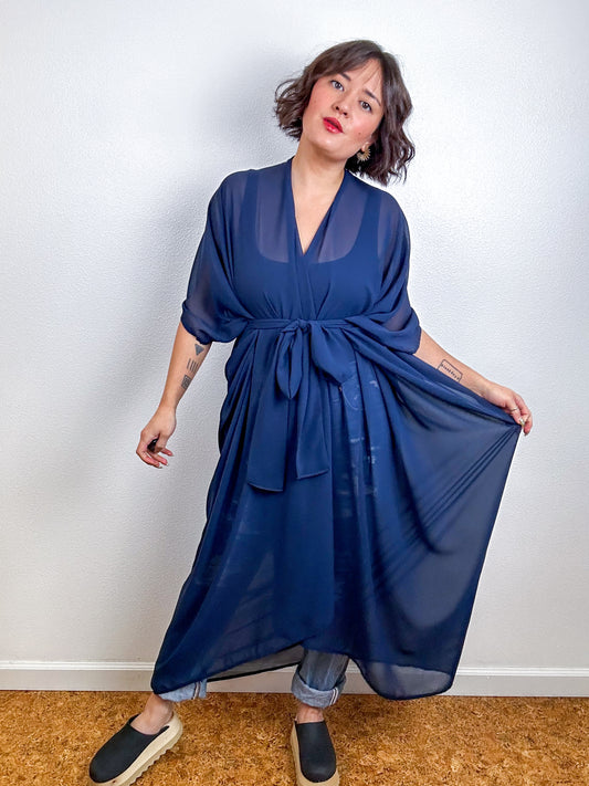 Solid High Low Kimono Navy Chiffon