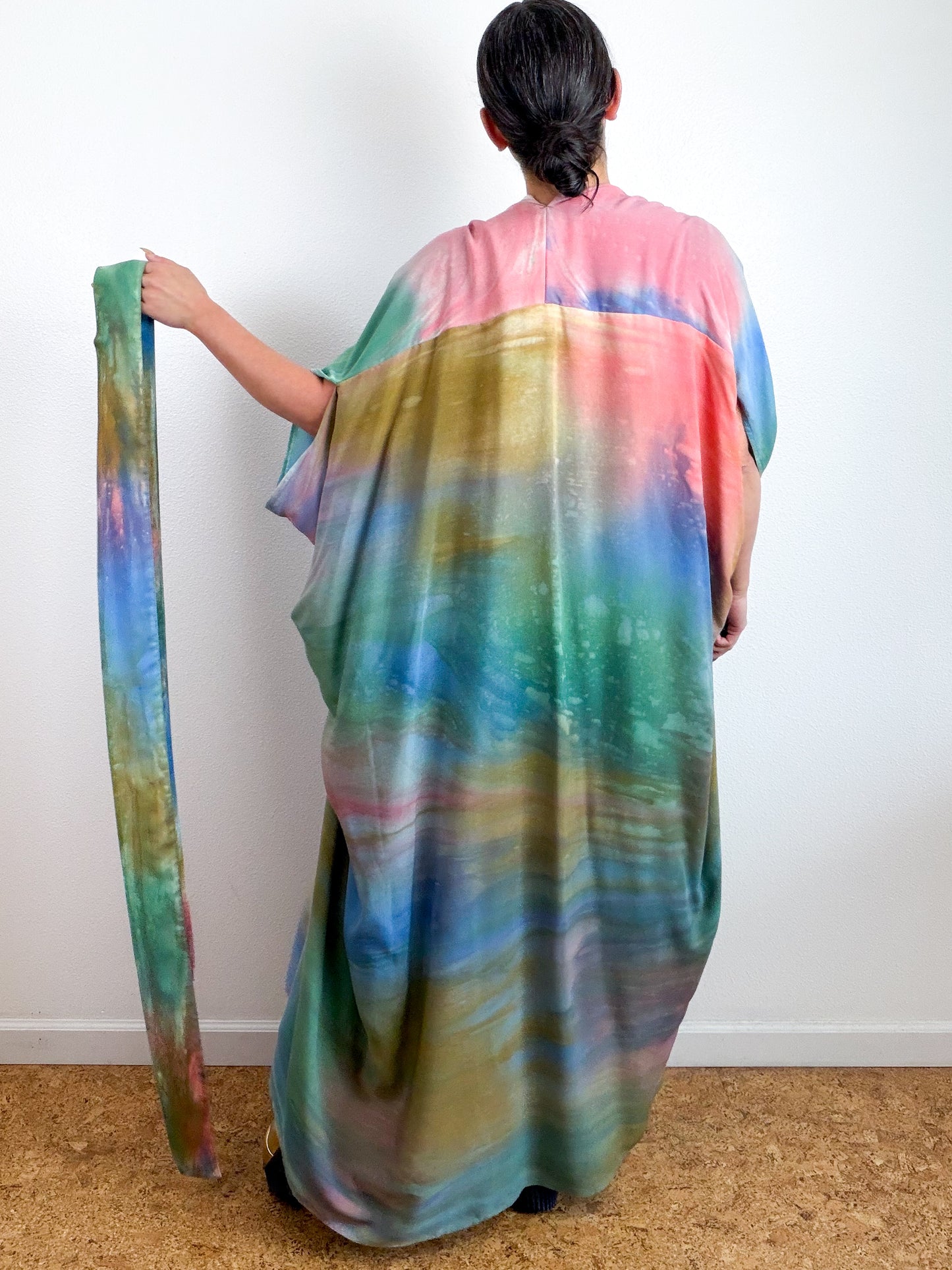 Hand-Dyed High Low Kimono Blue Green Bronze Coral Aura