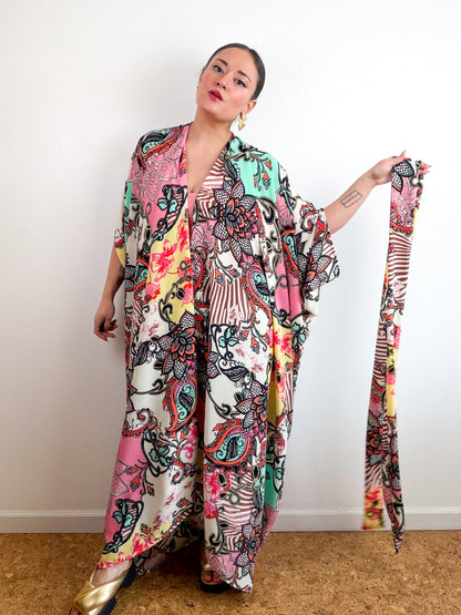 Print High Low Kimono Pink Aqua Paisley Bubble Crepe