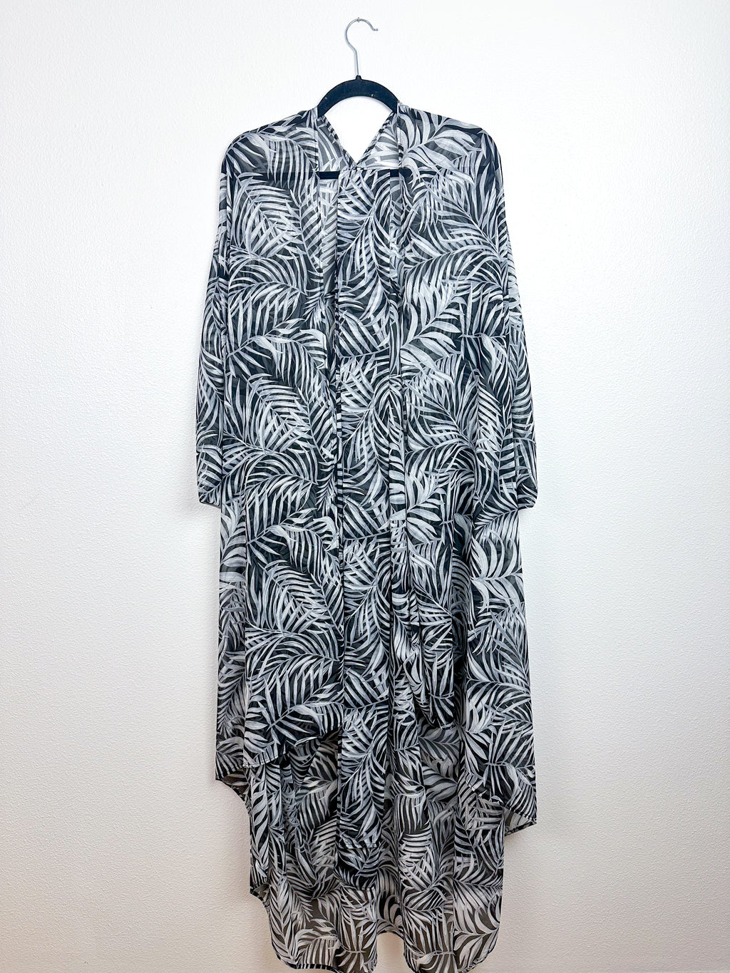 Print High Low Kimono Black Palm Leaves Chiffon