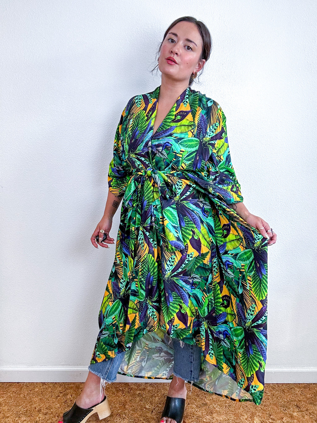 Print High Low Kimono Tropical Twill Challis