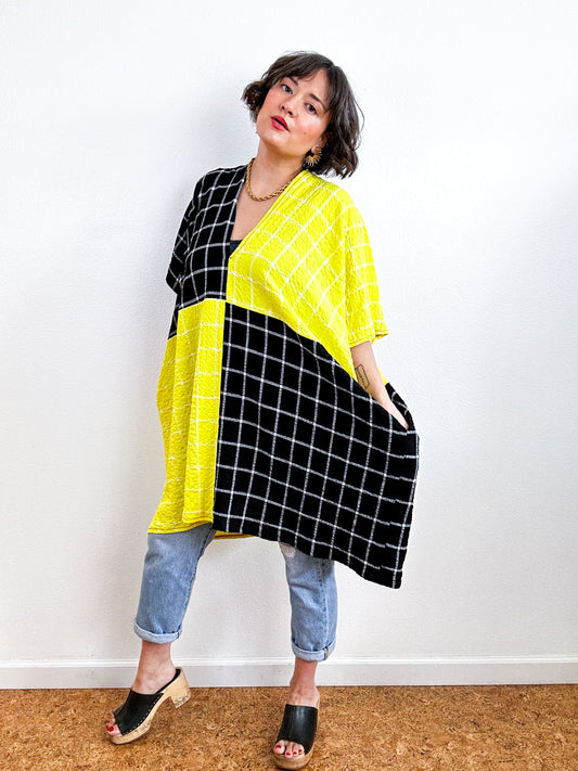 Oversized Windowpane Seersucker Smock Dress Black Citron
