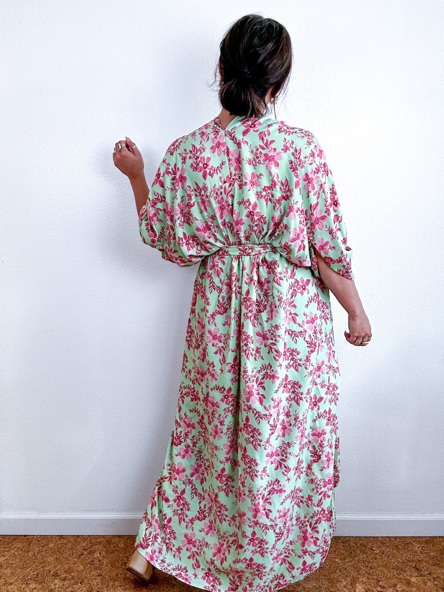 Print High Low Kimono Mint Pink Floral Challis