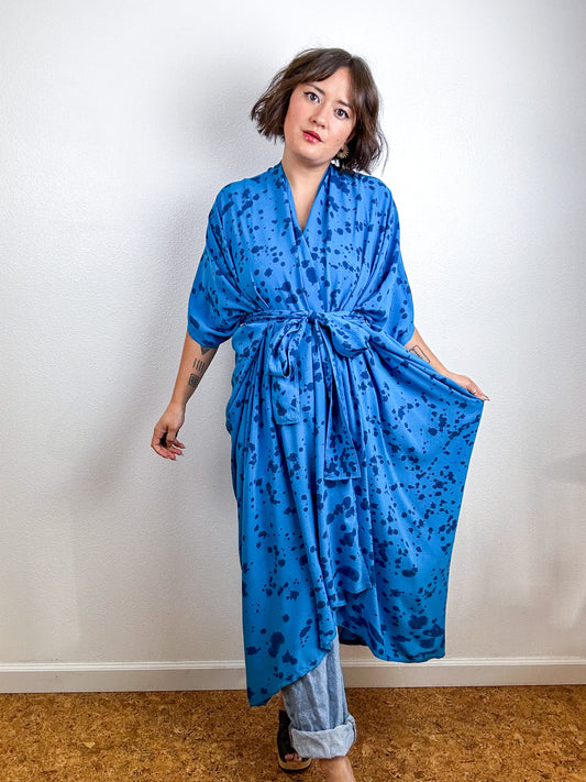 Hand-Dyed High Low Kimono Turquoise Indigo Speckle