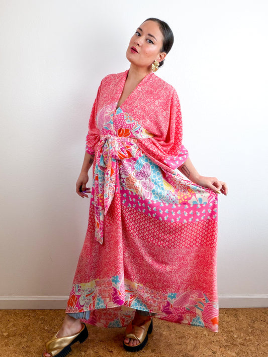 Print High Low Kimono Coral Pebble Bubble Crepe