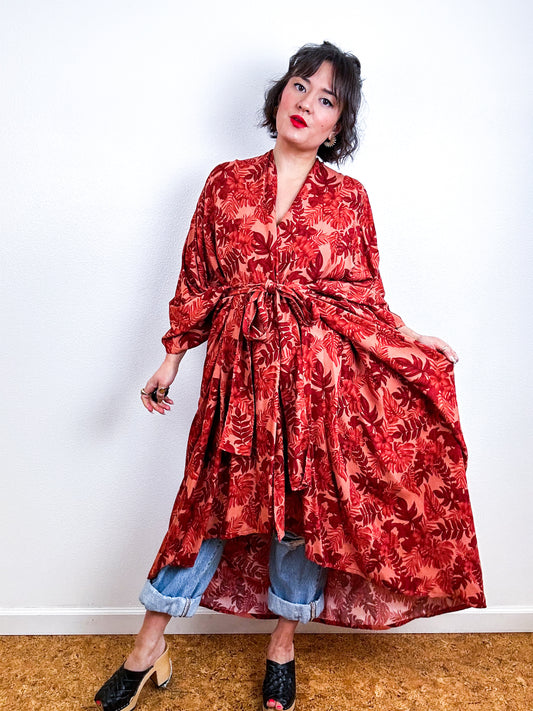 Print High Low Kimono Rust Leaves Challis