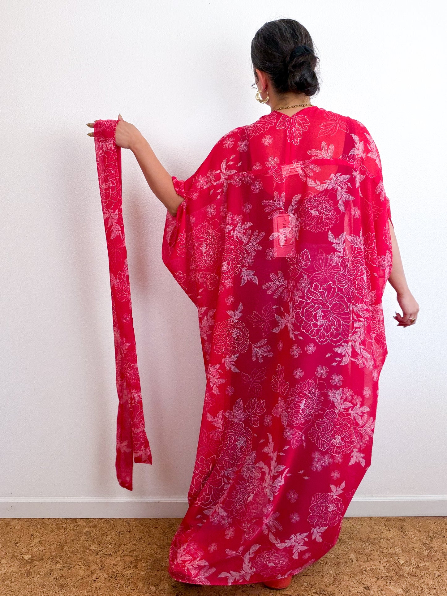 Print High Low Kimono Red Peony Chiffon