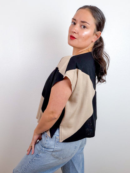 Linen Blend Flip Crop Black Tan