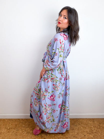 Print High Low Kimono Blue Freesia Crinkle Challis