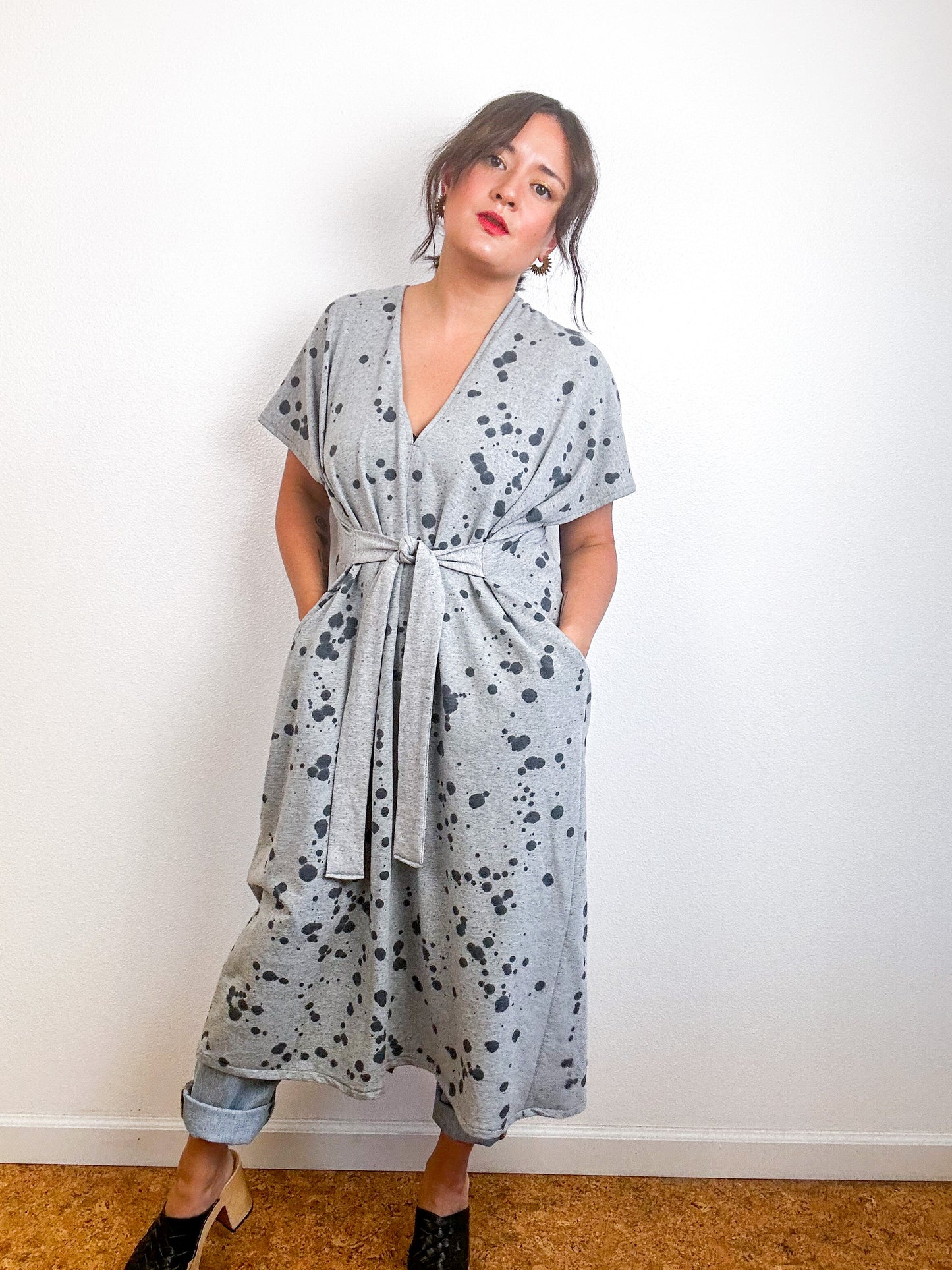 Hand-Dyed Midi Sweatshirt Tie Dress Grey Black Droplets
