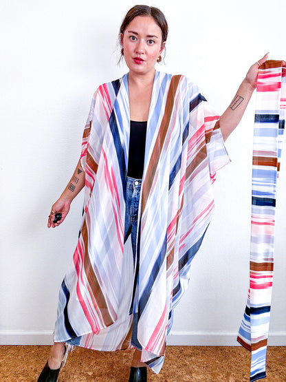 Print High Low Kimono Painterly Lines Chiffon