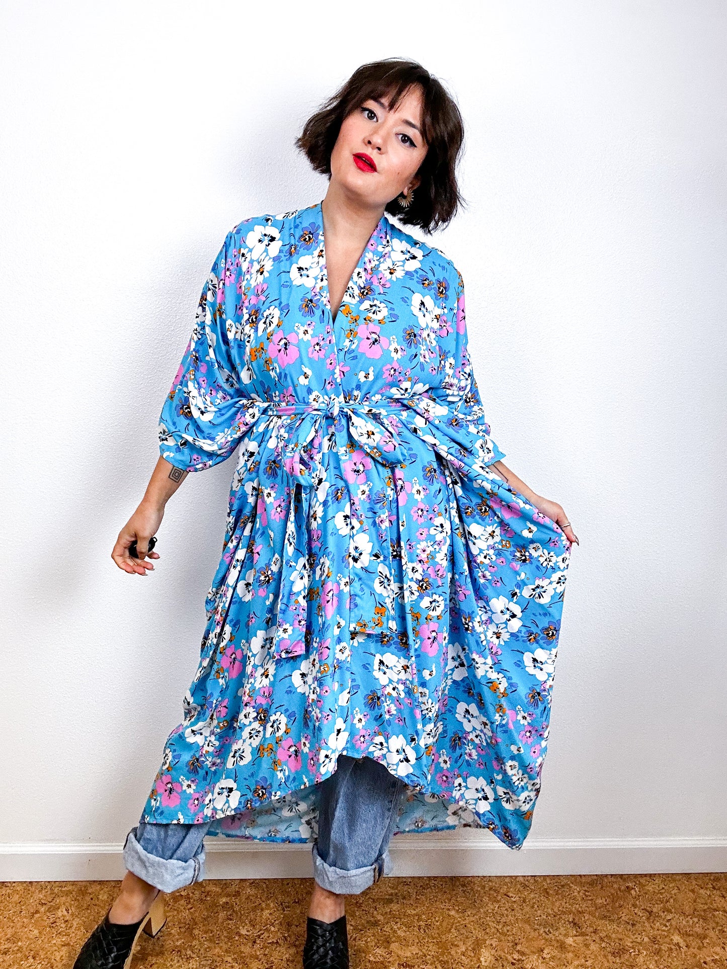 Print High Low Kimono Turquoise Floral Challis