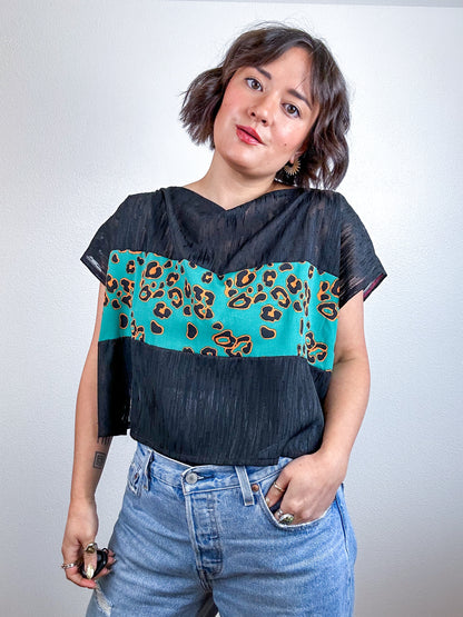 Scrappy Crop Green Leopard Black Chiffon